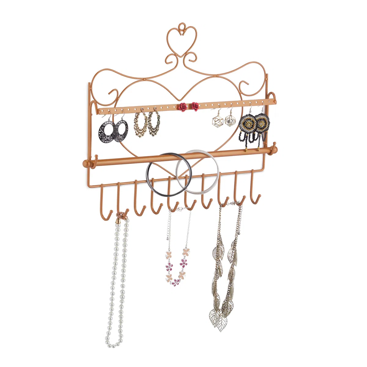 Relaxdays Portagioie da Parete, per Collane, Orecchini e Bracciali, Design Vintage con Cuore, HLP 30x36,5x3,5cm, Bronzo