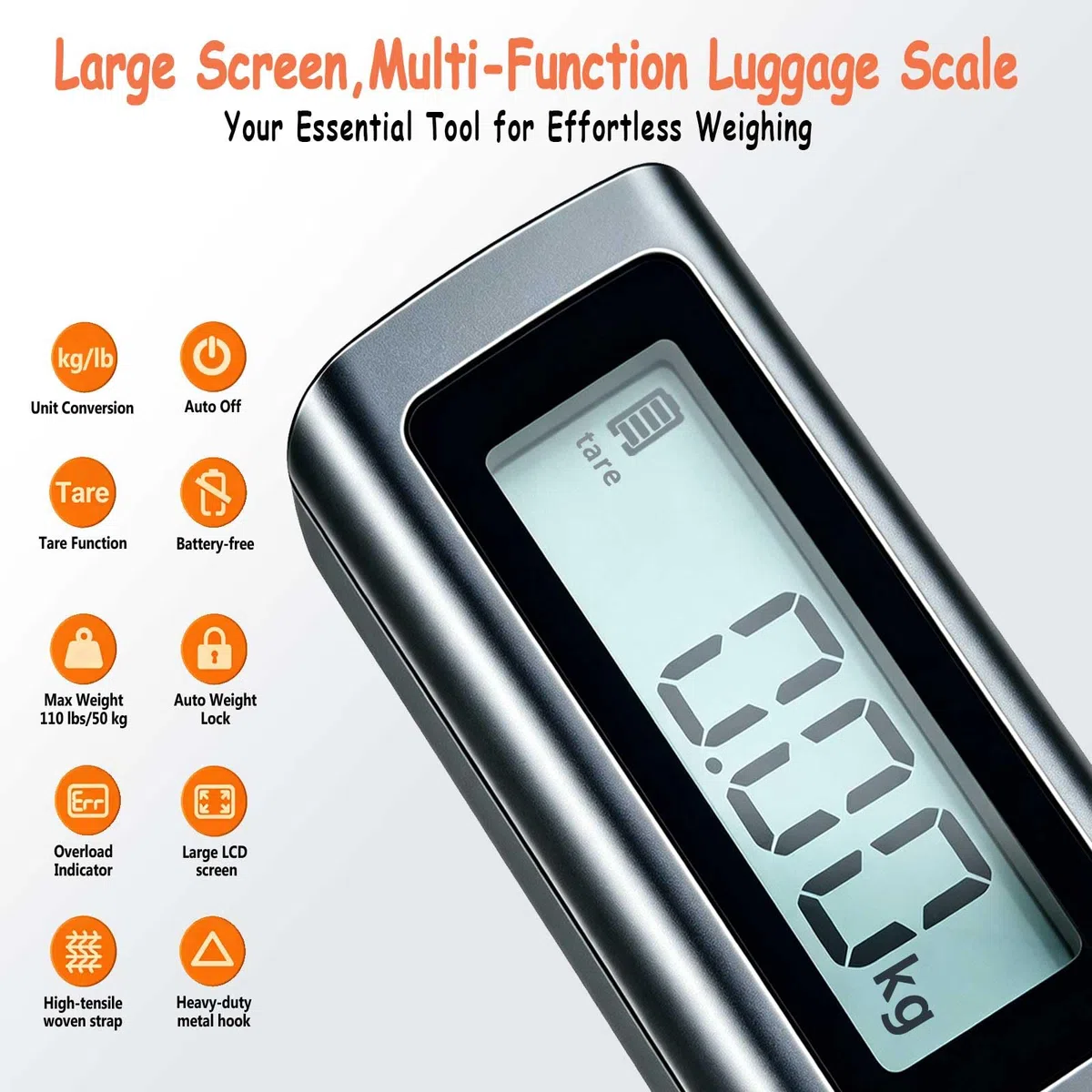 QL bilancia per valigie per viaggi senza batterie, 6 funzioni, Tara, conversione unità, blocco peso, display LCD digitale, fino a 50 kg/110 libbre, bilancia per bagagli per valigie adatta per viaggi