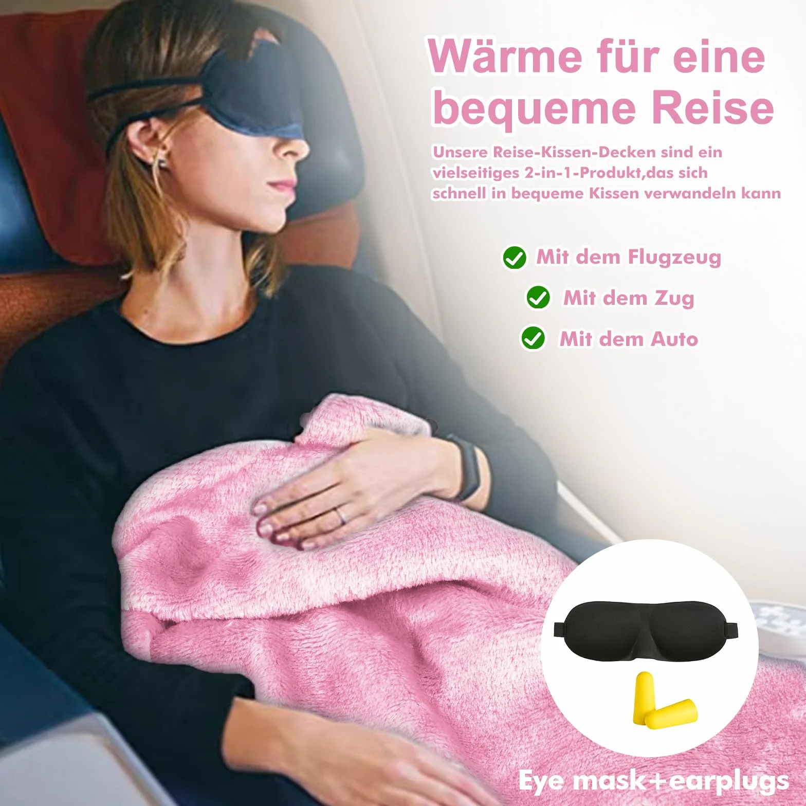 HOSPAOP Coperta da viaggio aeroplano, cuscino da viaggio 2 in 1, coperta portatile per aeromobili (127 x 152 cm) con maschera per dormire e tappi per le orecchie, cuscino da viaggio per viaggi, treno