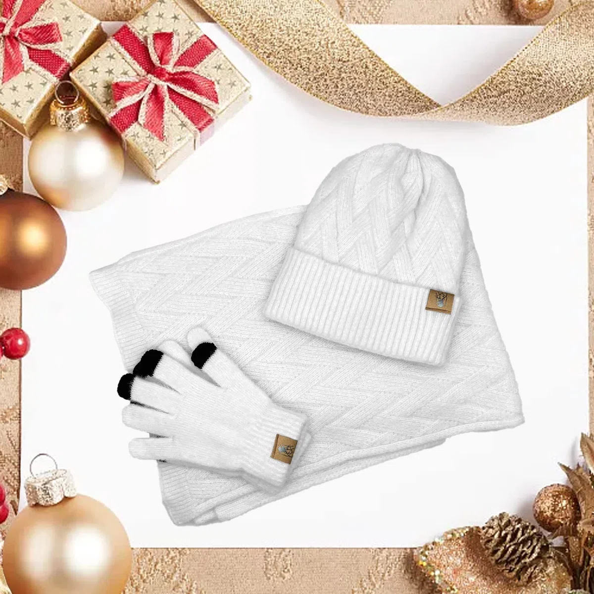 Sciarpa Donna e Berretto Guanti Touch Screen Invernali 3 Pz Cappello Fodera in Pile e Guanti Termici Set Regalo Donna