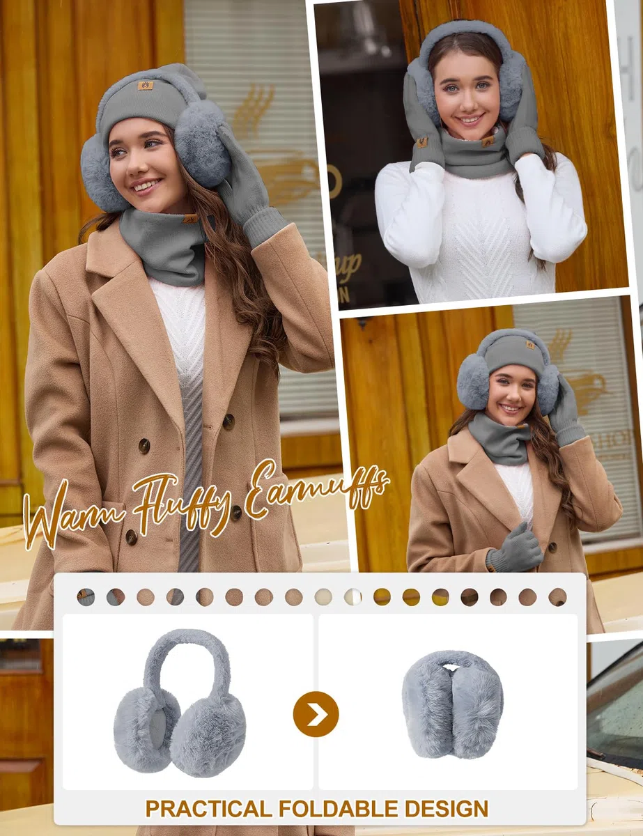 Donna Inverno Cappello Sciarpa e Touchscreen Guanti Set Caldo Scaldacollo Foderato Pile Berretto Sciarpa a Maglia Scaldaorecchie in Peluche Calze 5 Pezzi per Invernali Sport Sci all'aperto