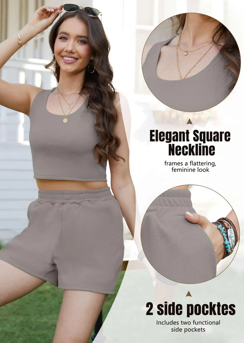 CheChury Tuta da Donna 2 Pezzi Estiva Abiti da Allenamento Set Tuta a Costine Palestra Corsa con Coulisse a Vita Alta Set con Tasche Sportivo Donna Completa Casual per Yoga Spiaggia Vacanza