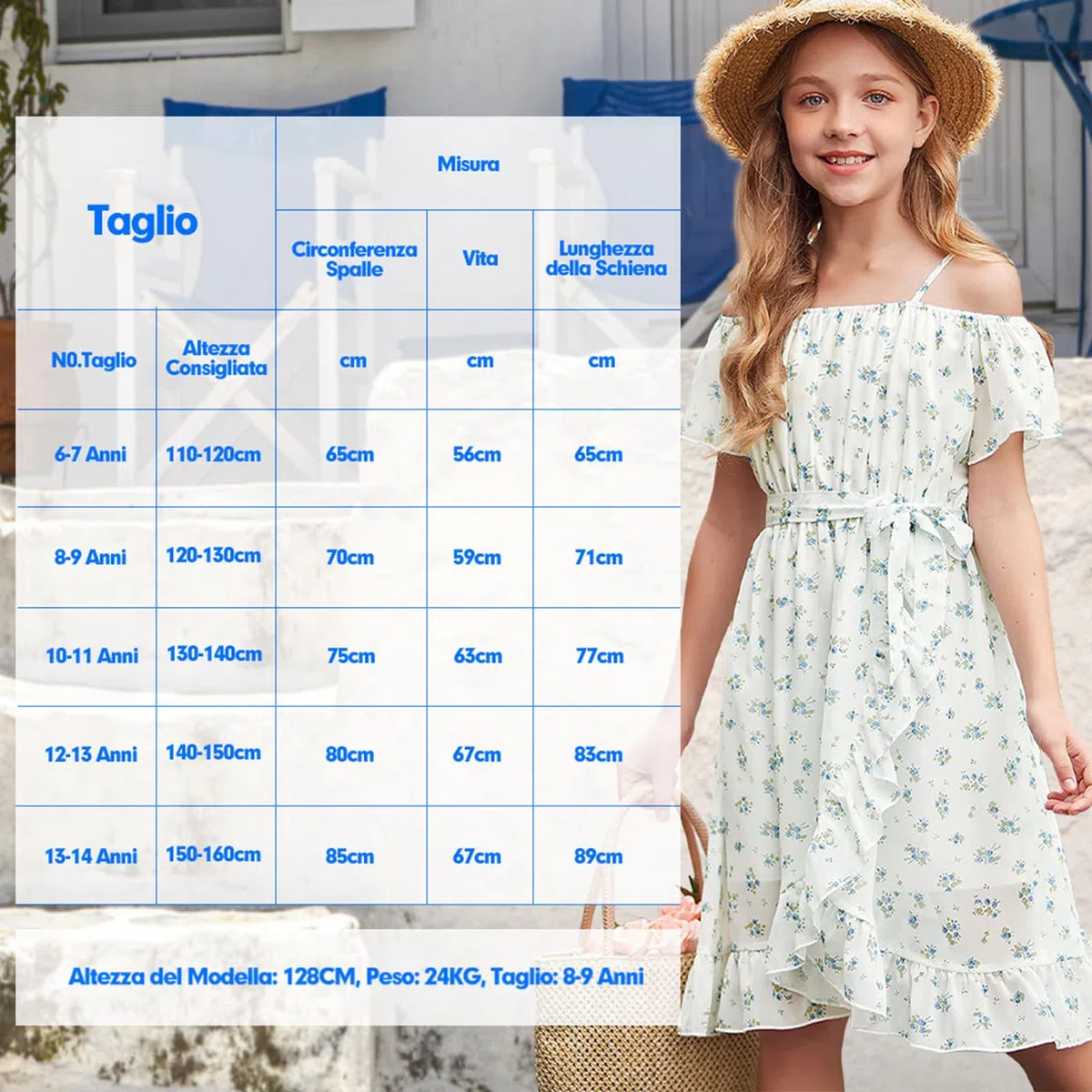 Estate Vestito Bambina,Vestito di Chiffon con Fiori Senza Spalline con Cintura Regolabile,Casual Manica con Volant Corte per Vestito Bambine 6 ai 14 Anni