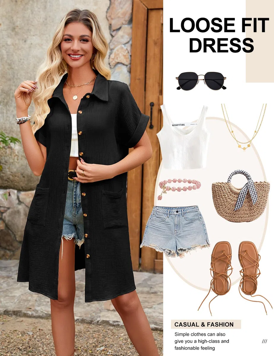 Abito Estivo Donna Vestiti Camicia con Bottoni Vestito Scollo a V Maniche Corte Casual Elegante Abiti Comodo Cotton Larghi Copricostume Spiaggia Mare con Tasche