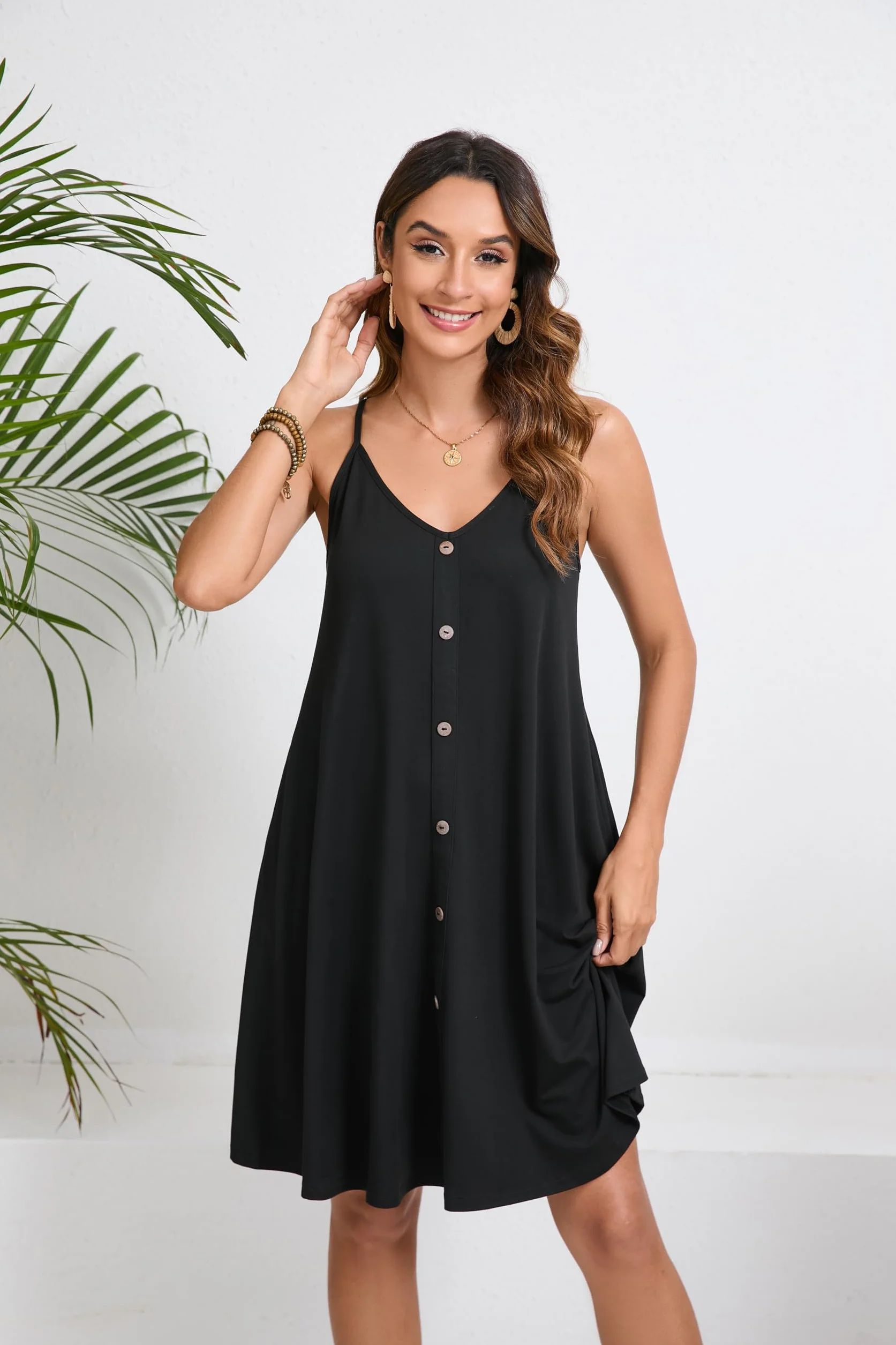 Enmain Abito Estivo da Donna Casual Floreale Cinturino per Spaghetti Senza Maniche Abiti Estivi Vestito Scollo a V con Tasche per Spiaggia Hawaii S-XXL