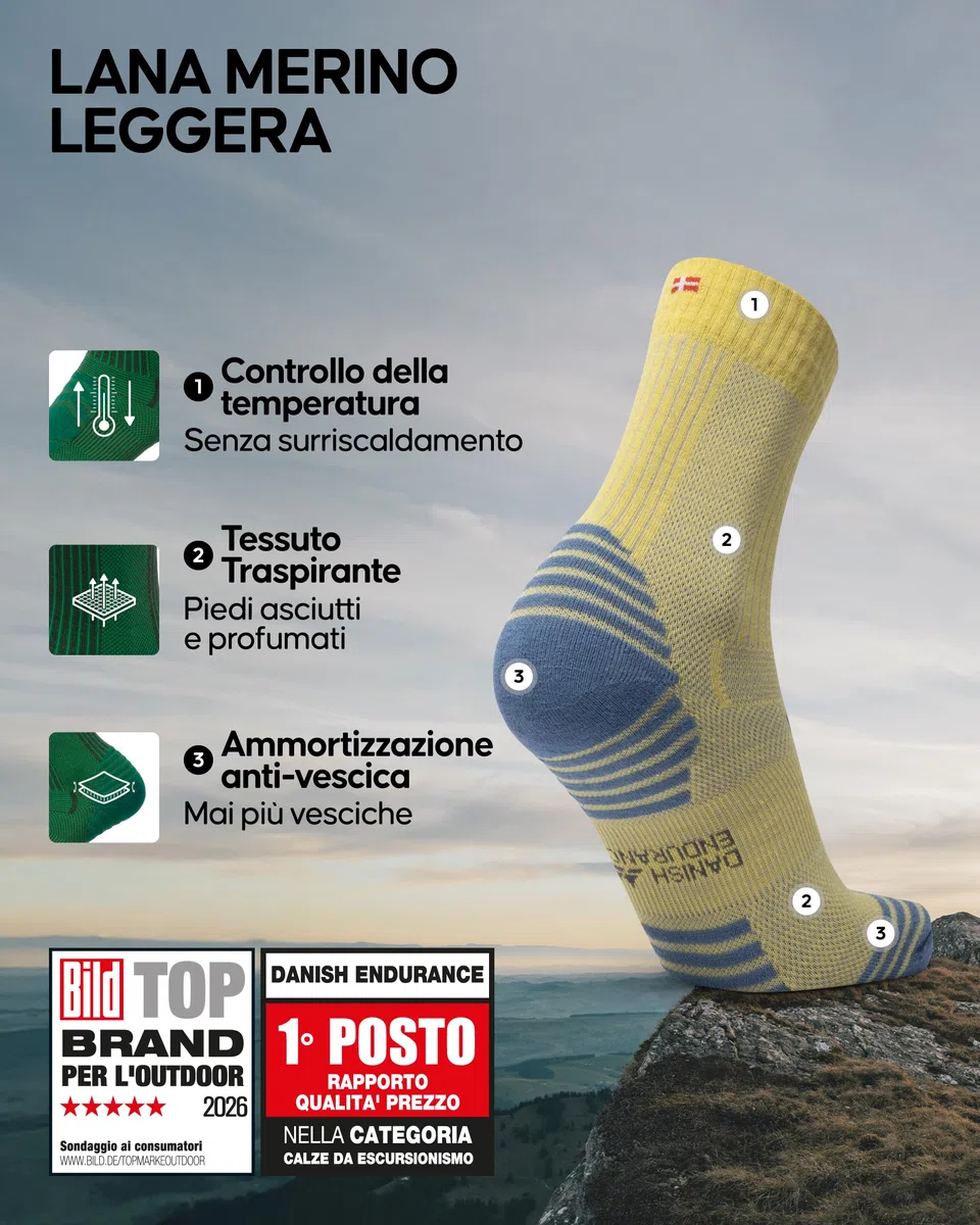 DANISH ENDURANCE Calze Trekking Leggere in Lana Merino, Anti-Vesciche, Traspiranti, da Uomo, Donna, Bambino, 1 o 5 Paia