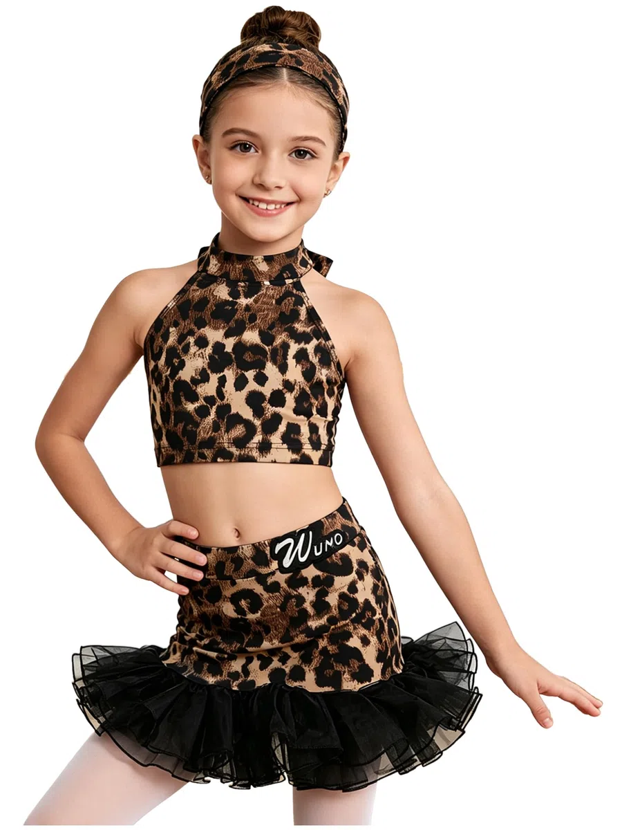 Aislor Vestito da Ballo Latino Americano Bambina Y2k Top Canotta + Gonna con Motivo Leopardato Abito da Pattianggio Artistico Vestito da Balletto Dancewear