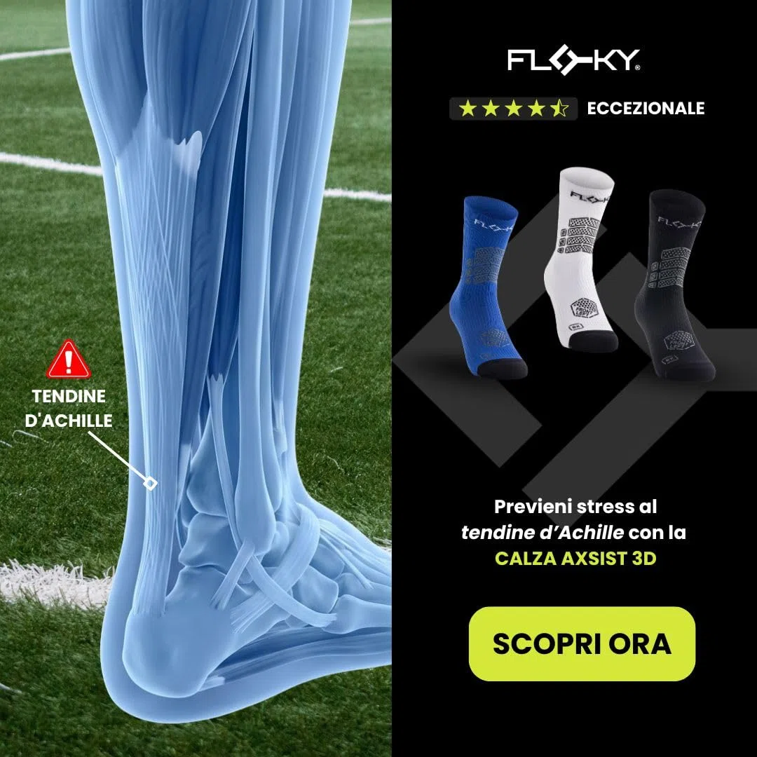 FLOKY AXIST 3D calze da calcio e rugby biomeccaniche. Calza a compressione, antiscivolo. Caviglia stabilizzata, protezione tendine d'Achille, massimo grip, supporto plantare.