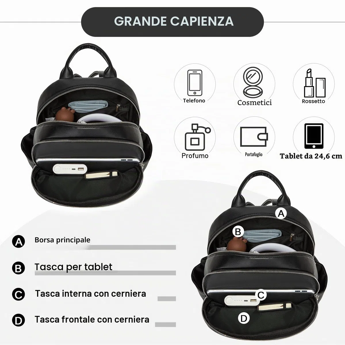 Miss Lulu Zaino Università Donna Nero Elegante, Zainetto Donna Grande Impermeabile Pelle PU, Borsa Zaini per Lavoro, Universita, Viaggi e Shopping