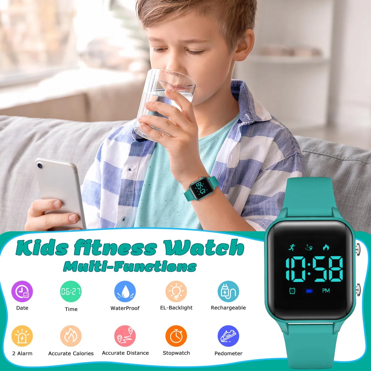 Timever orologio digitale bambina bambini con contapassi,sveglia,cronometro,luce,data-orologio per ragazzi e ragazze senza app e telefono con cinturino in silicone