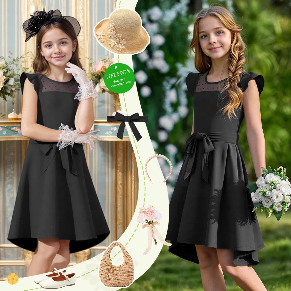 Abito Elegante per Ragazze Estivo Maniche Volanti A-Line Vestito Cerimonia Bambina Moda Compleanno Matrimonio Festa Scolastici Casual 6-15 Anni