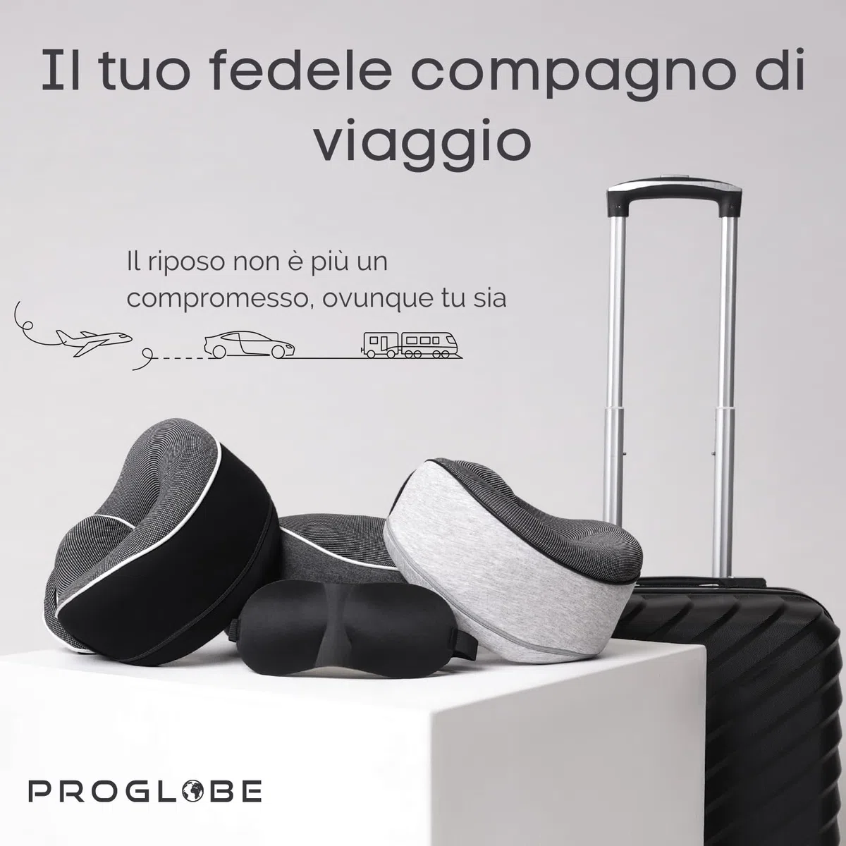 Proglobe Cuscino cervicale aereo, cuscino da viaggio, 100% memory foam, cuscino ortopedico, per viaggi con aereo, auto, treno, con maschera 3D, borsa a rete di alta qualità, Grigio scuro