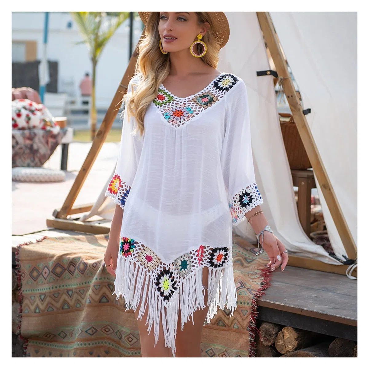 Copricostume Bikini Bikini Bianco Copricostume con Frange Abito da Spiaggia Sexy a Tunica Cava da Donna Costume da Bagno Estivo Abbigliamento da Spiaggia(White)