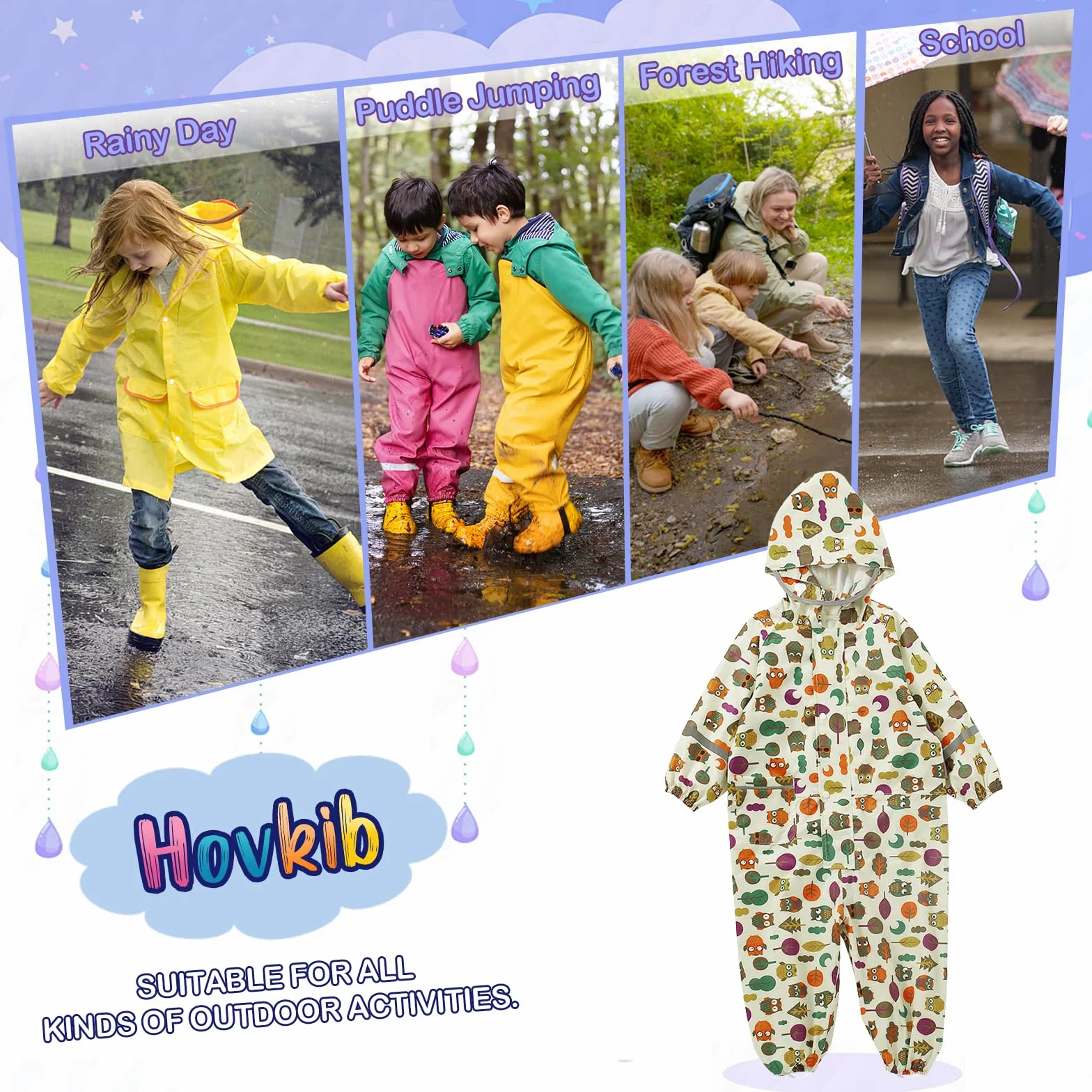 Ragazzi Ragazze Impermeabile Bambini Tuta da Pioggia Leggero Tutto in Uno Giacche Stampe Cartone Tutina Giacca da Pioggia Poncho Portatile 1-10 Anni
