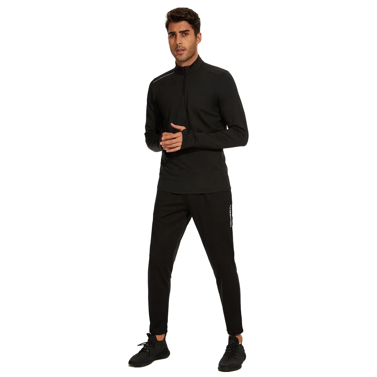 AMZSPORT Maglia Uomo Manica Lunga Felpa 1/4 Zip T-Shirt Sportiva per Running Palestra Allenamento