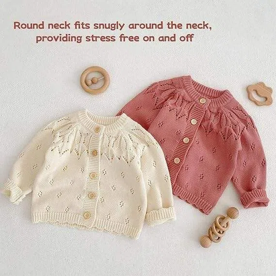 Cardigan Bambina - Maglia Cotone Manica Lunga Scollo Tondo Bottoni Maglia Jacquard - Cappottino Primavera Autunno per Neonate 3M-3 Anni