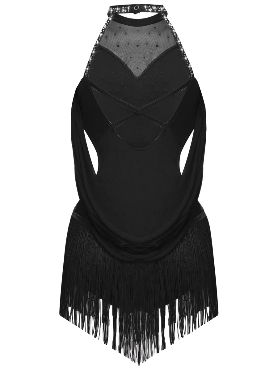 Mufeng Abito Ballo Latino Americano Bambina con Nappa Paillettes Body Danza Classica + Guanti Vestito da Pattinaggio Artistico Costume di Danza Competizione