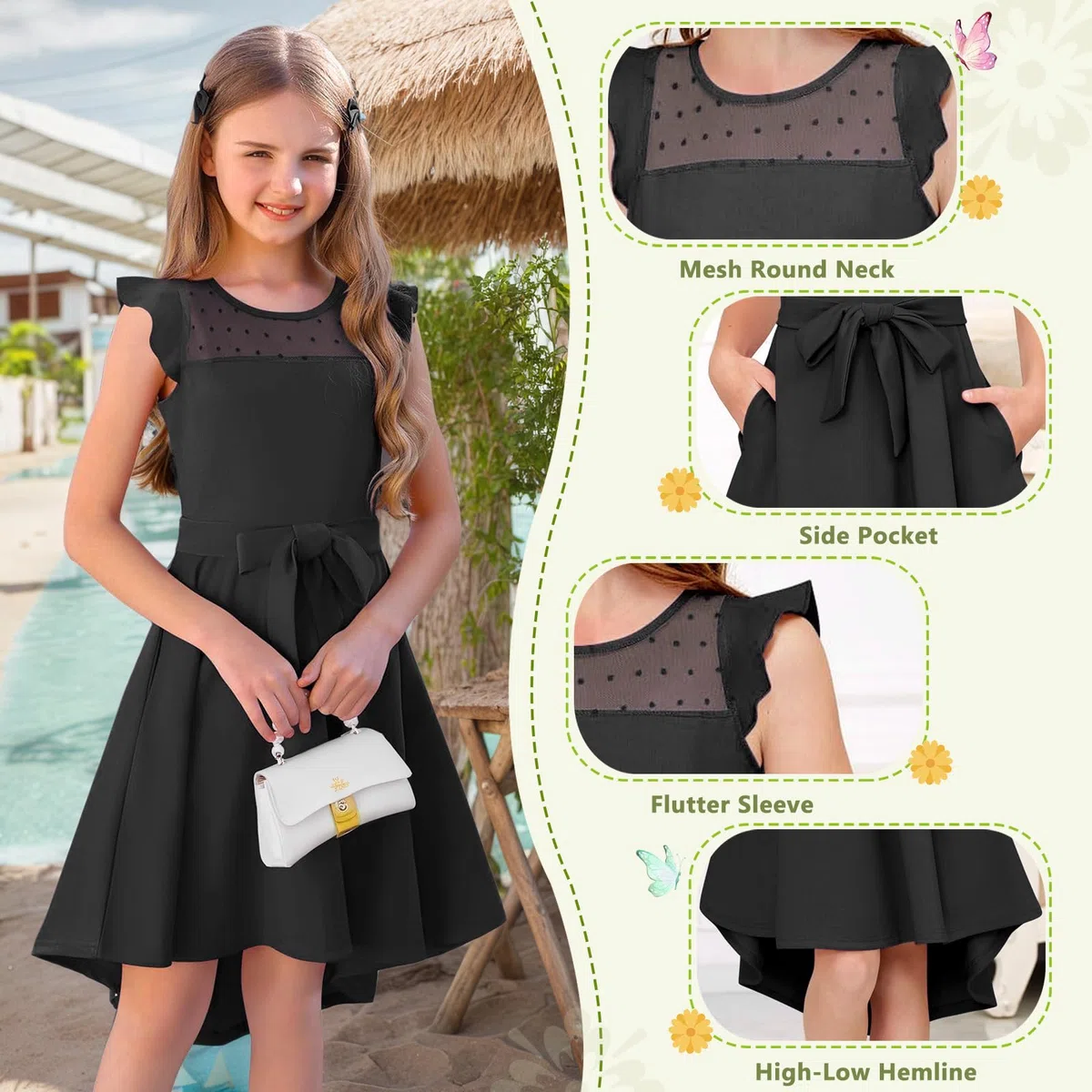 Abito Elegante per Ragazze Estivo Maniche Volanti A-Line Vestito Cerimonia Bambina Moda Compleanno Matrimonio Festa Scolastici Casual 6-15 Anni