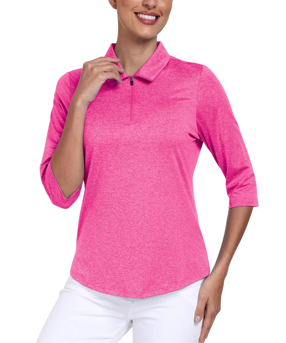 MoFiz Polo da donna a maniche corte, traspirante, con chiusura lampo 1/4, da donna, ad asciugatura rapida, con mezza manica