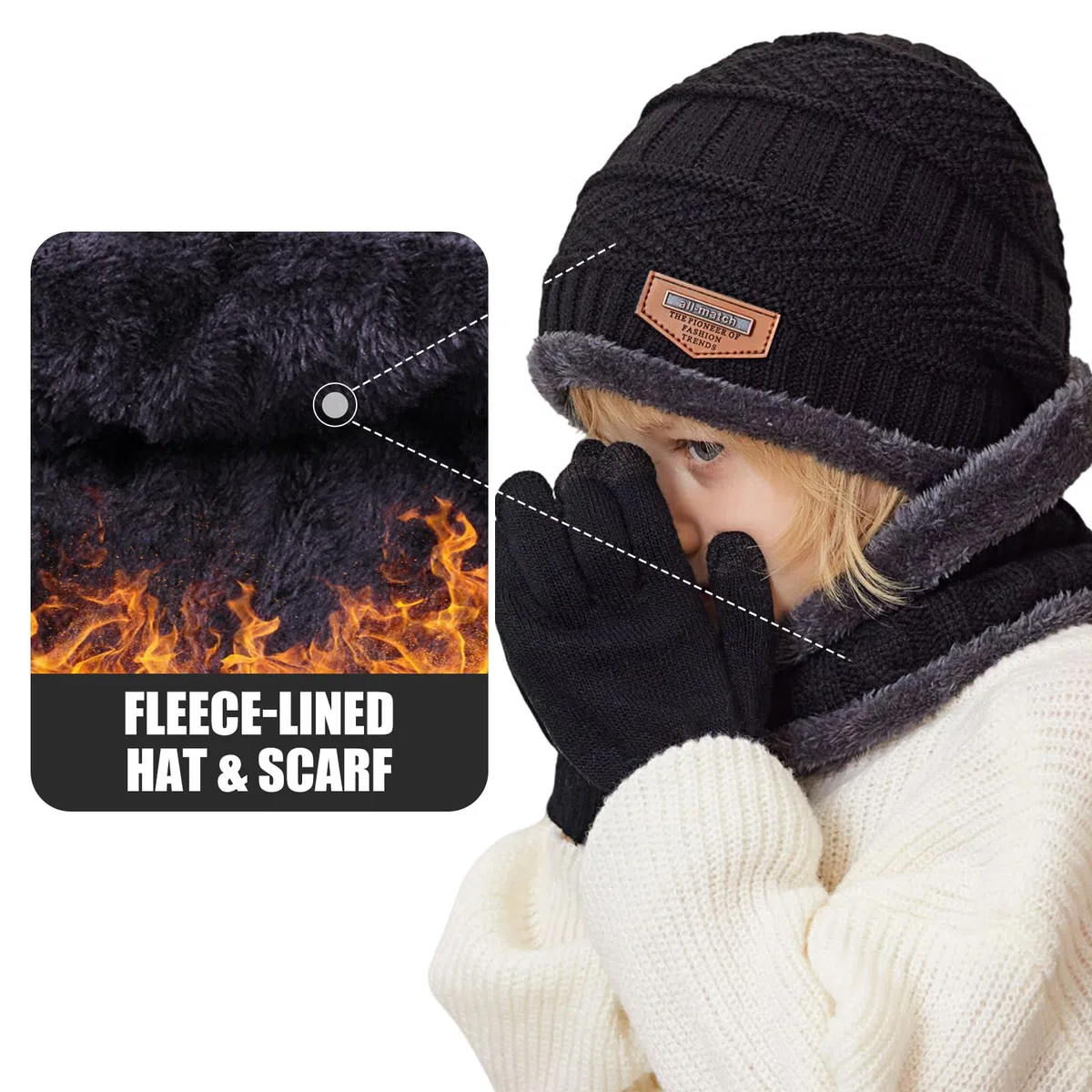 Cappello Bambini Invernale Berretto Guanti Sciarpa Bambino Scaldacollo Termico Cappello a Maglia Beanie Foderato in Pile Guanti Touchscreen per Ragazzi Ragazze 5-10 Anni