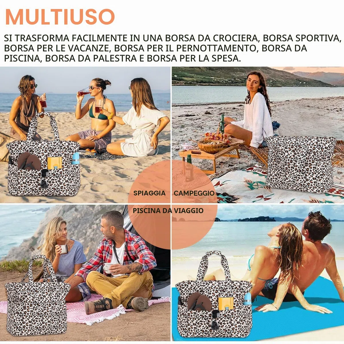 Grande borsa da spiaggia XXL con chiusura lampo, leopardo borsa da bagno, grande borsa da spiaggia, impermeabile, per famiglia, extra grande, motivo leopardato