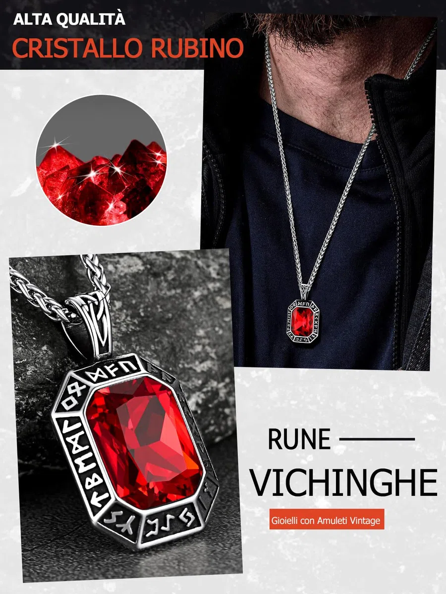 FaithHeart Collana Uomo Vichingo Pendentivo in Ottagono Cristallo Rosso Smeraldo Ossidiana con Rune Vichinghe Accessorio Moda Unico Perfetto per Regalo Stile Personale