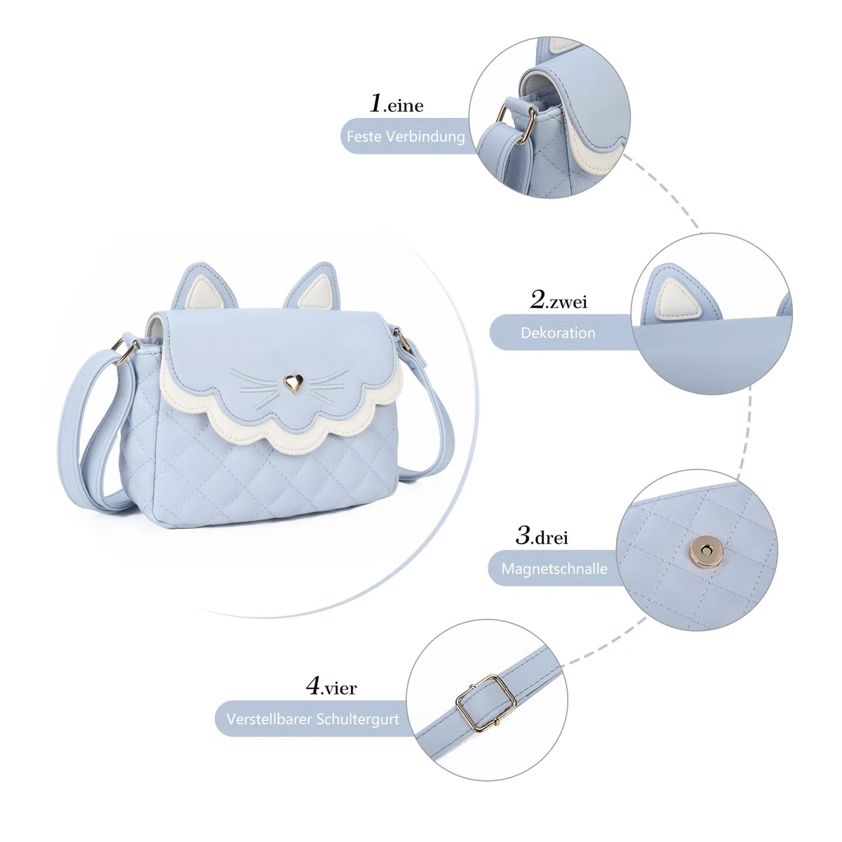Gladdon Borsa a Tracolla per Ragazze Mini Borsa a Tracolla Borsa per orecchie di gatto Cute Princess Bag Borsa in pelle pura come regalo per ragazze, ragazzi e adolescenti Design originale(Blu)
