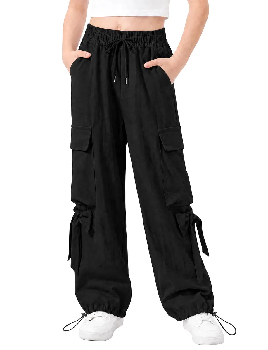 JiAmy Pantaloni cargo larghi da ragazza, con fiocco, elastico in vita, gamba larga, traspiranti, Y2K, estivi, casual, per danza, scuola, gioco, 5-14 anni