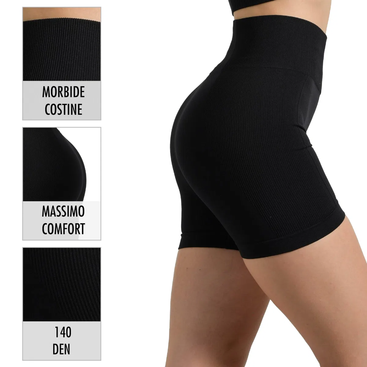 Risalti Pantaloncini Palestra Donna Costina Senza Cuciture Ilena - Shorts Sportivi Vita Alta in Microfibra, Leggings Corti Donna, Pantaloncini Fitness Yoga Running - Made in Italy