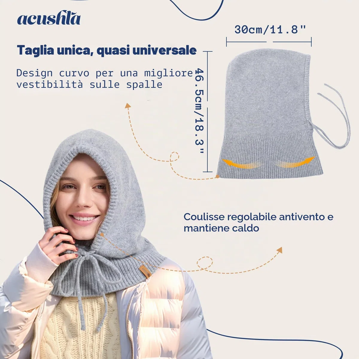 ACUSHLA Passamontagna in 100% lana merino, per donne e uomini, invernale, caldo, con cappuccio, sciarpa, cappello e sciarpa, set in uno