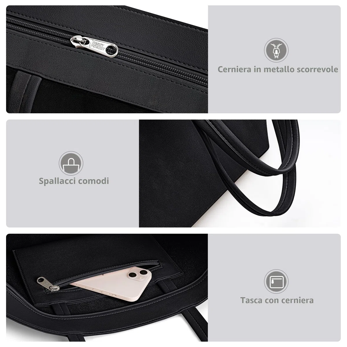 KALIDI - Grande borsa a mano da donna in pelle sintetica PU, shopper, tote bag, impermeabile, con chiusura lampo, per lavoro, viaggi, shopping, scuola