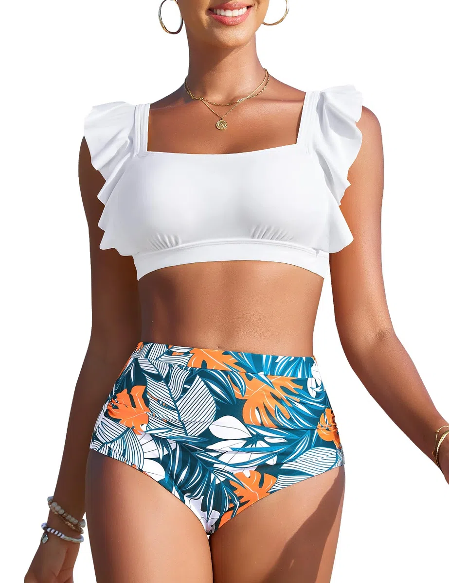 Costume Donna Due Pezzi Vita Alta Bikini Push-up con Scollo Quadrato Costumi da Bagno Piscina e da Spiaggia da Eleganti Dettagli con Volant