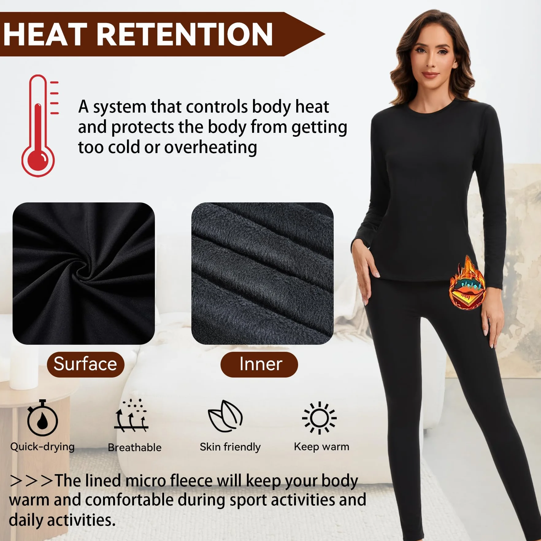 AMZSPORT Donna Set Termico Intimo Completo, Biancheria Termica Funzionale per Sci e Invernale, Maglia a Lunga Manica & Pantaloni Base Traspirante