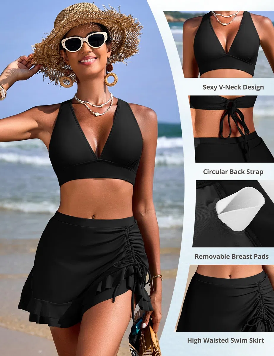 Costume Donna Due Pezzi Vita Alta Bikini con Gonna Sexy Scollo a V Costumi da Bagno Imbottito Piscina sulla Spiaggia