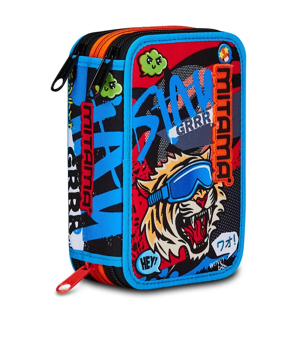 Mitama Astuccio Scuola 3 Scomparti, TRIPLO TIGER WILD, Contenuto 47 pz, Completo di Matite, Pennarelli, Portapenne Scuola Elementare Bambino
