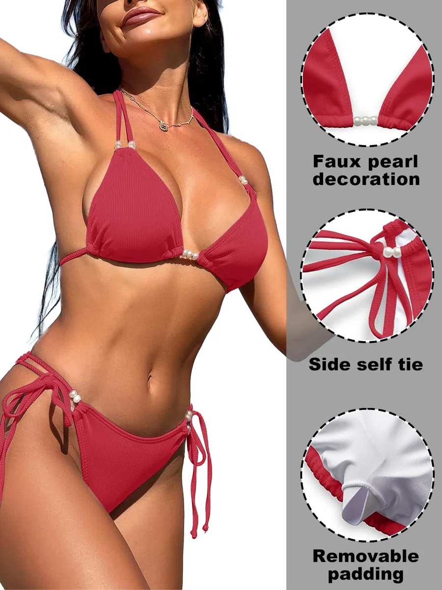 Rayson Donna Costume da Bagno Sexy 2 Pezzi Elegante Tie Triangolo Bikini di Perle Imbottito Colore Puro Spiaggia a Vita Bassa