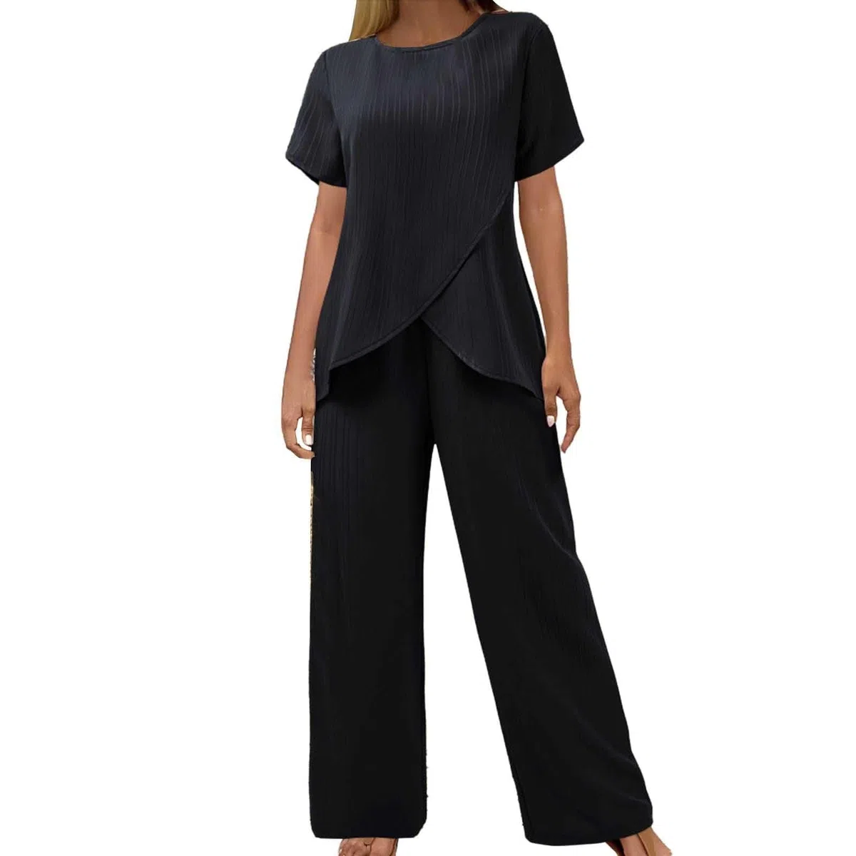 Generico Completo Estivo Donna Lino Tailleur Donna Estiva Maniche Corte Scollo a V Tuta Completa Lino e Cotone Completi Set Casual Relax Corte Top e Pantaloni Estivi da Casa Ideale Per le Vacanza