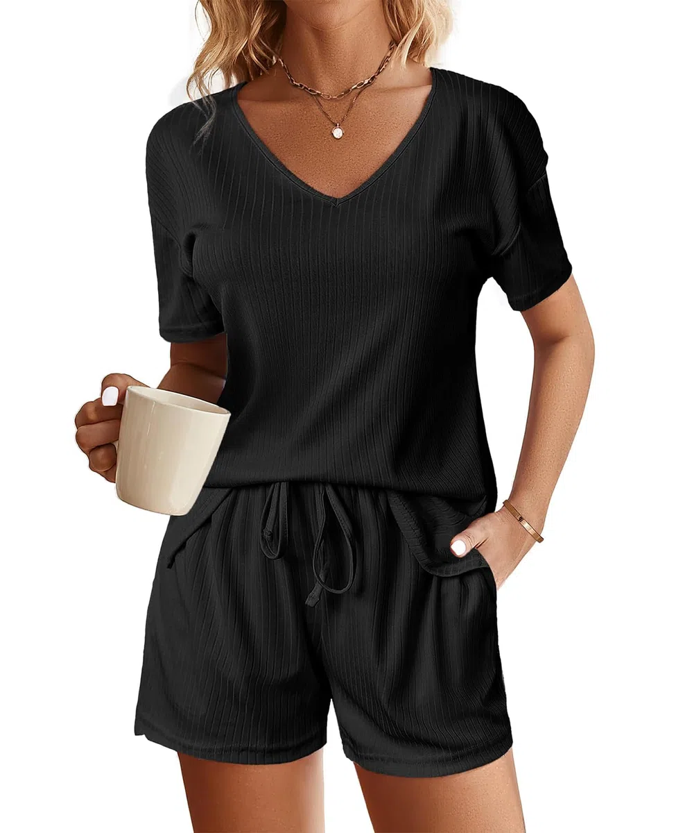 Tuta Corta Ampia da Donna 2 Pezzi Tute da Tempo Estiva Casa T-Shirt Manica Corta e Pantaloncini Tuta Sportiva Moda Scollo a V Sports Suit