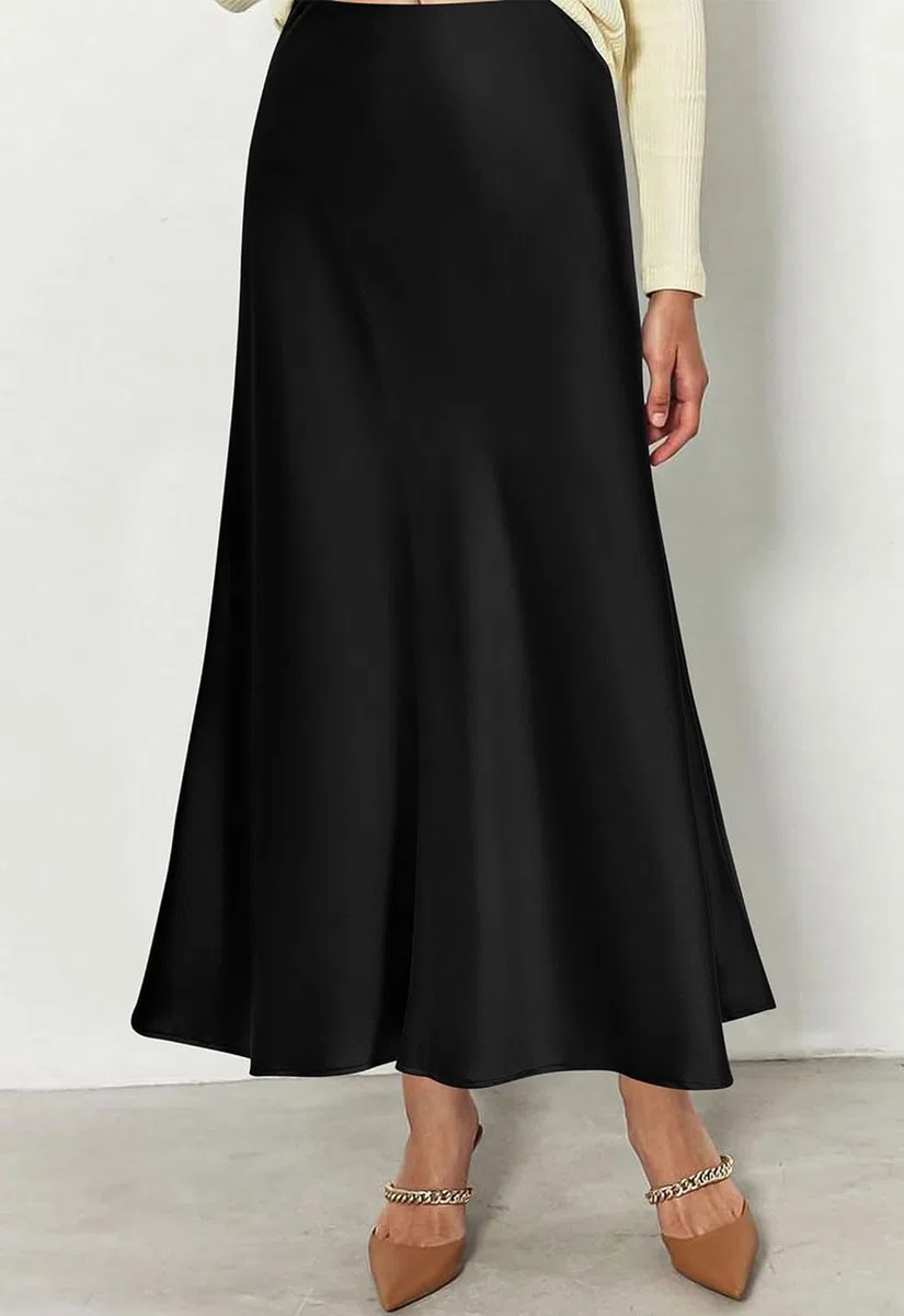 Genfien Gonna Donna Lunga Raso Vita Alta Elegante Seta Gonna a Vita Elastica con Zip Elastica Solida Colore Gonna Festa Estate Casual Leggero Senza Fodera