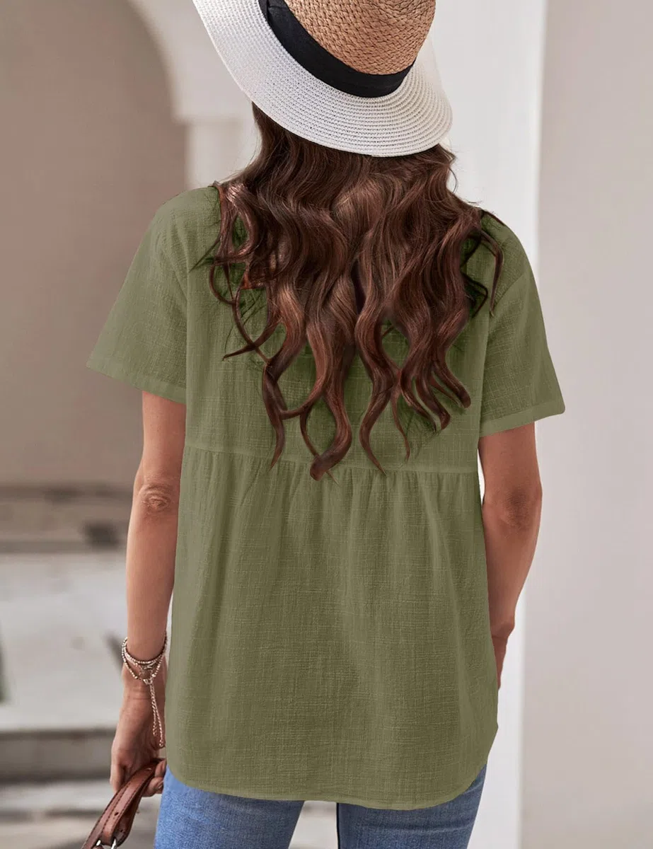 Camicia Donna Estiva Camicetta da Donna Manica Corta Cotone Elegante Blusa Maglietta Scollo a V Top con Bottoni Moda Casual T Shirt Tinta Unita Classico Maglia Tees