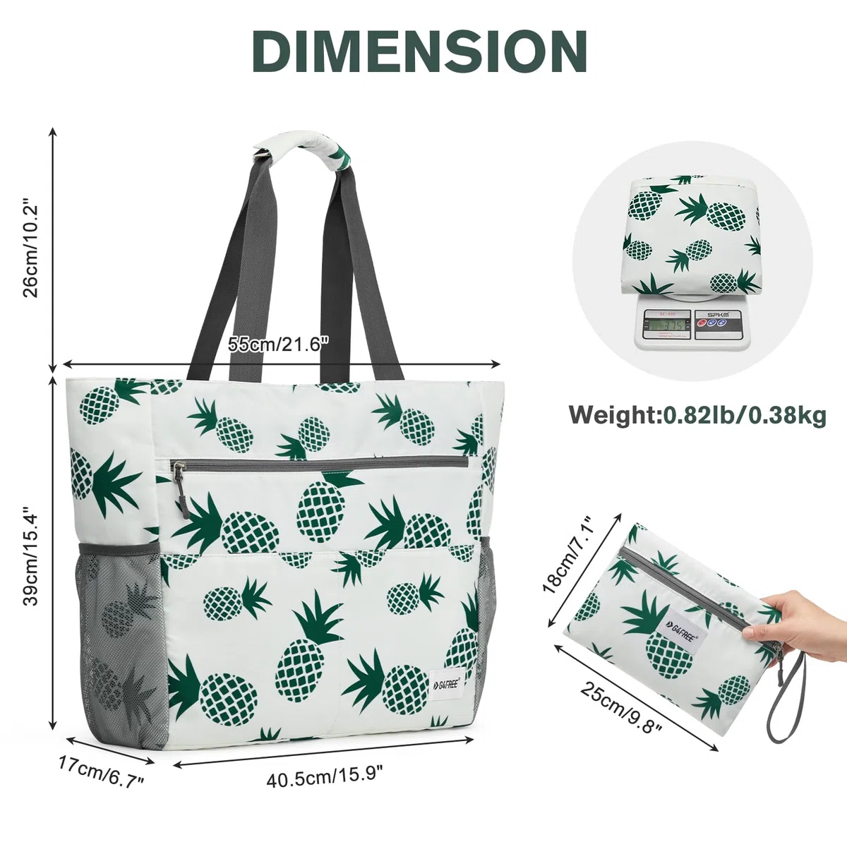 G4Free Borsa da spiaggia, impermeabile, a prova di sabbia, pieghevole, di grande capacità, per le donne, Ananas, 35L