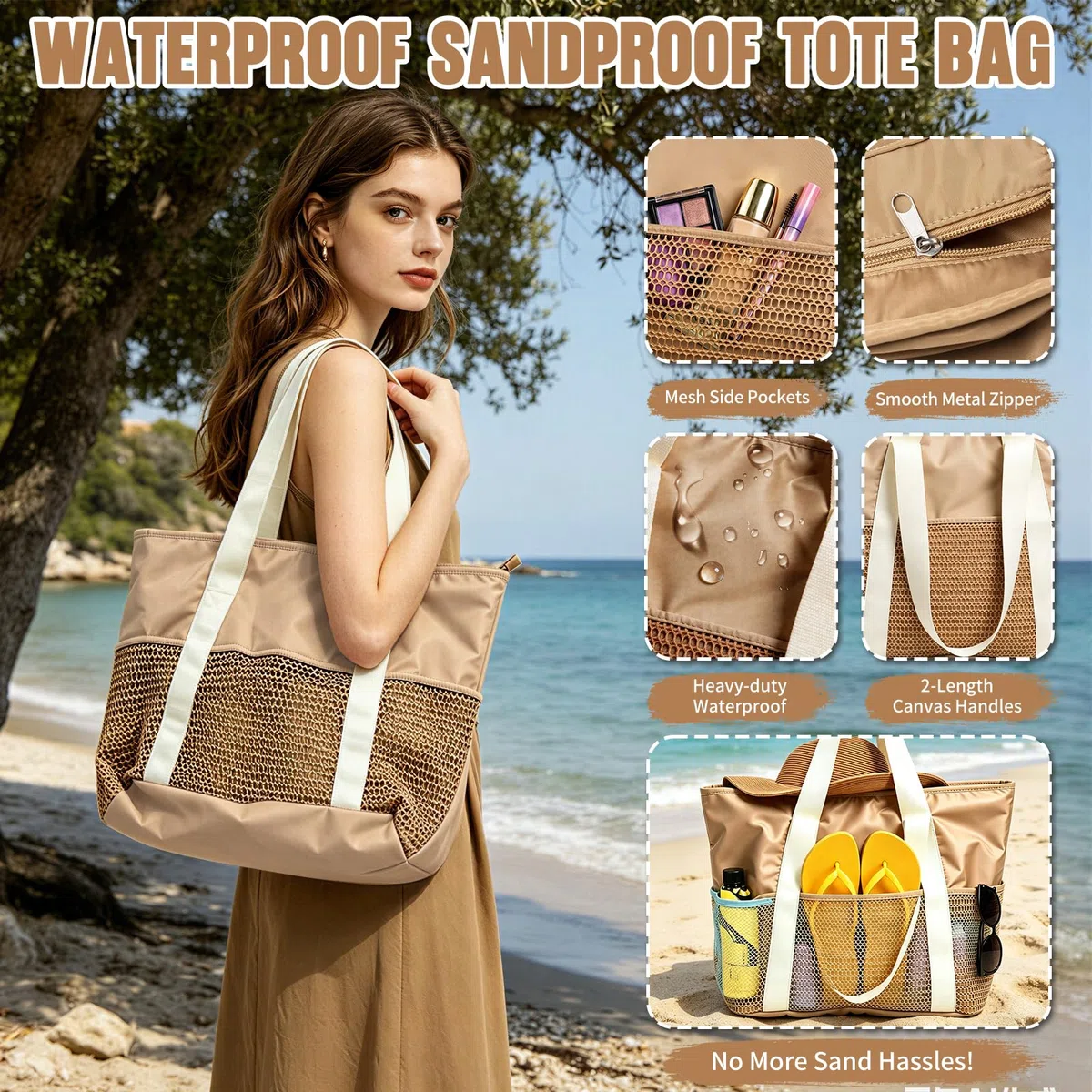 Borsa da spiaggia da donna, con chiusura lampo, grande borsa da spiaggia XXL, borsa per la famiglia, impermeabile, per piscina, borsa da spiaggia pieghevole