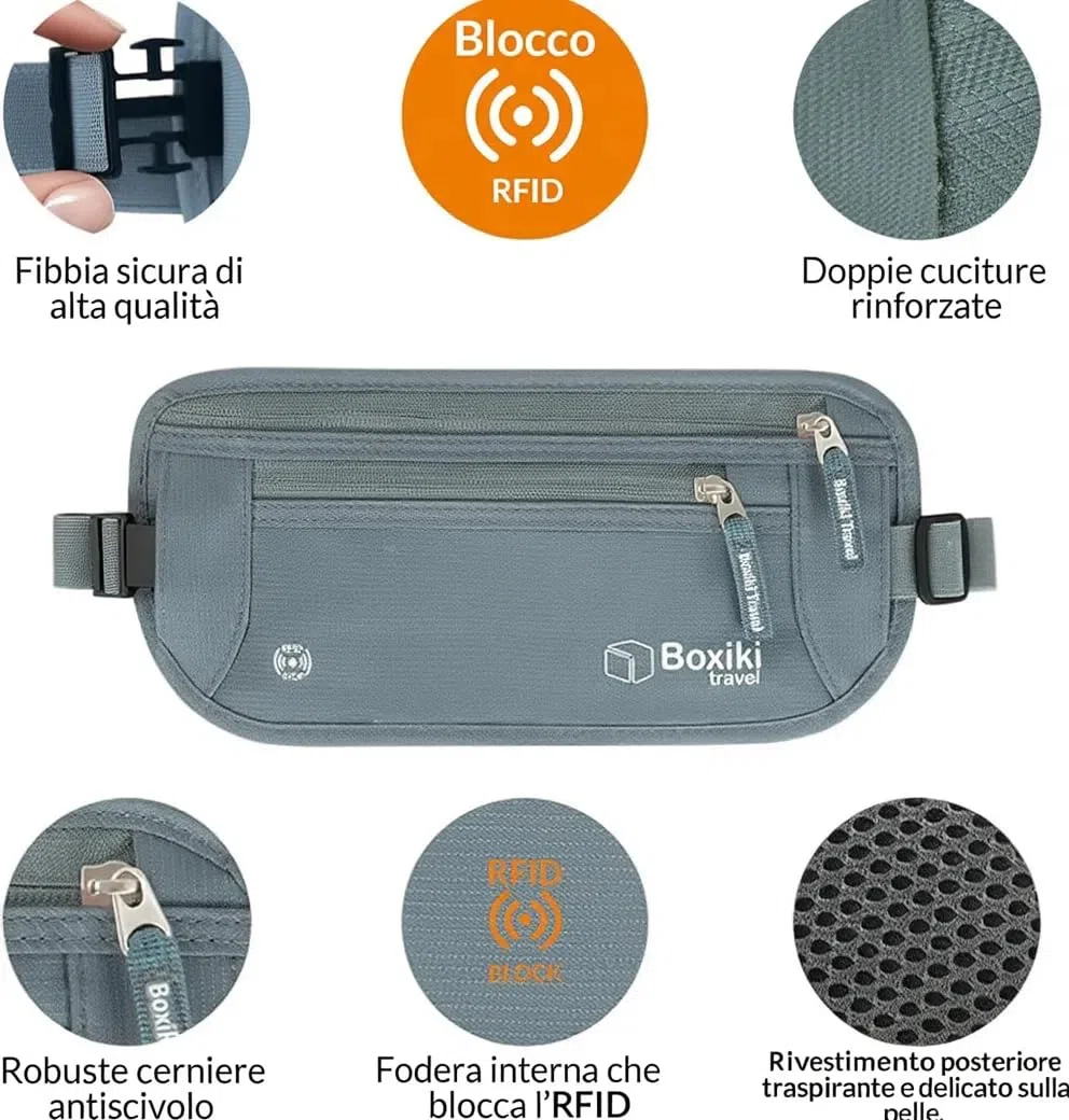 Boxiki Travel Marsupio Portasoldi Nascosto per Uomo e Donna - Marsupio a Blocco RFID per Passaporto, Portafoglio e Telefono
