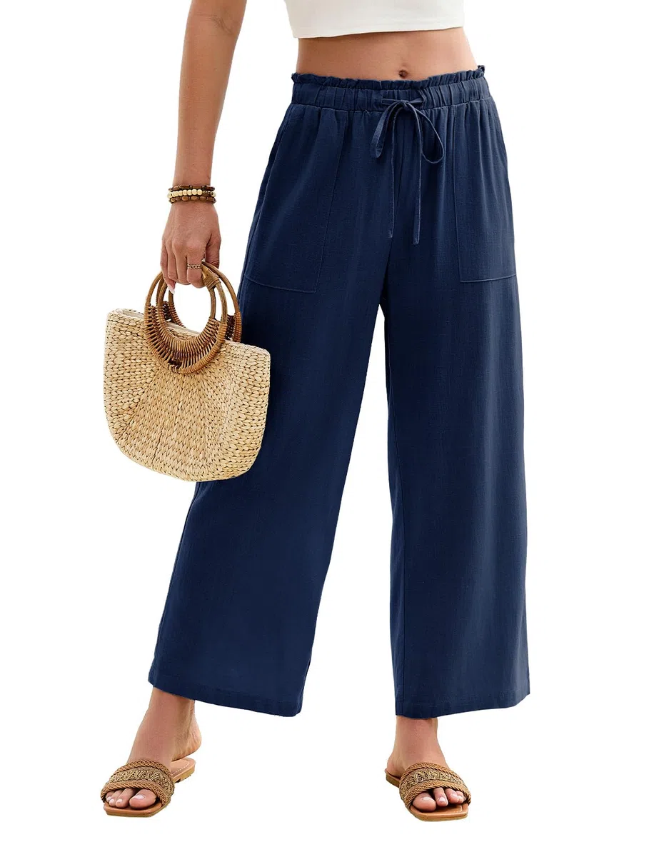 HEEKPEK Pantaloni Lino Donna Estivi Pantaloni Larghi Leggeri Elastico Vita Alta 7/8 Pantalone Comodi Gamba Larga Pantaloni Casual da Spiaggia con Tasche
