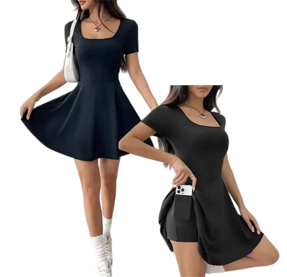 Abito da tennis da donna con scollo quadrato, maniche corte, pantaloncini integrati, svasato, mini abito basic da tennis, golf, atletico, abiti corti