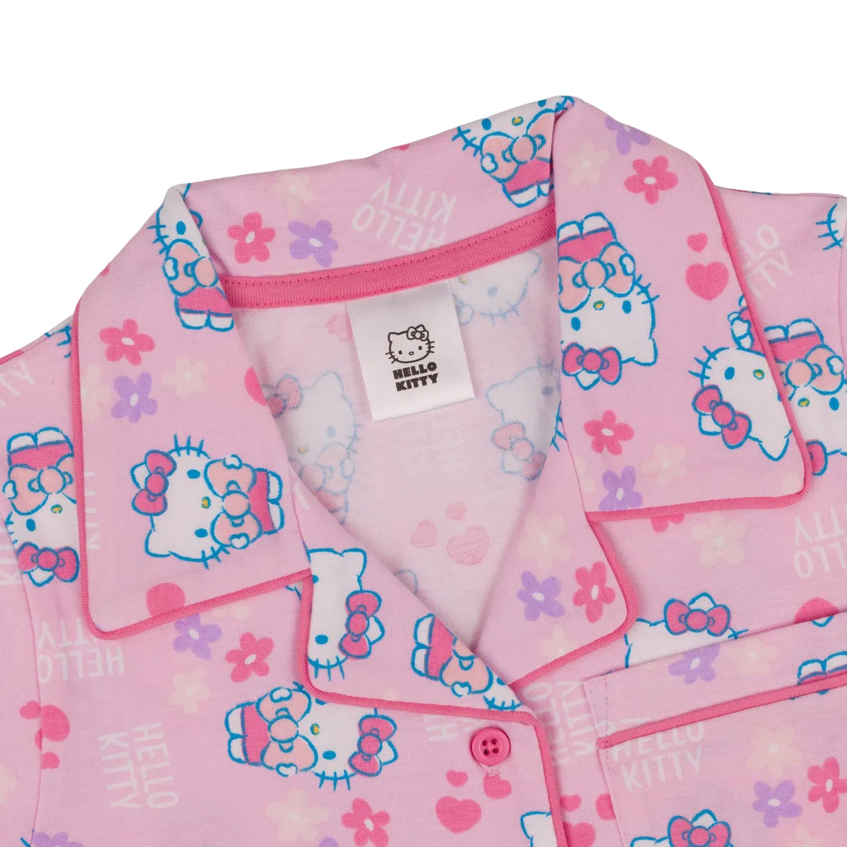 Hello Kitty, 100% Cotone con Bottoni Pigiama a Maniche Corte, Pink, Rosa