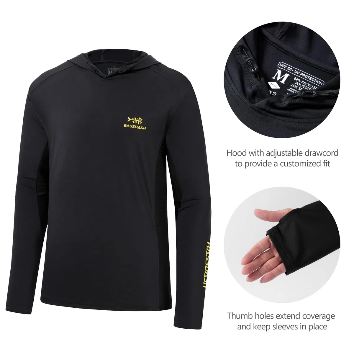 Bassdash Uomo UPF 50+ Coulisse Pesca Felpa con Cappuccio Protezione Solare UV Manica Lunga Escursioni all'aperto Magliette con Cappuccio FS33M
