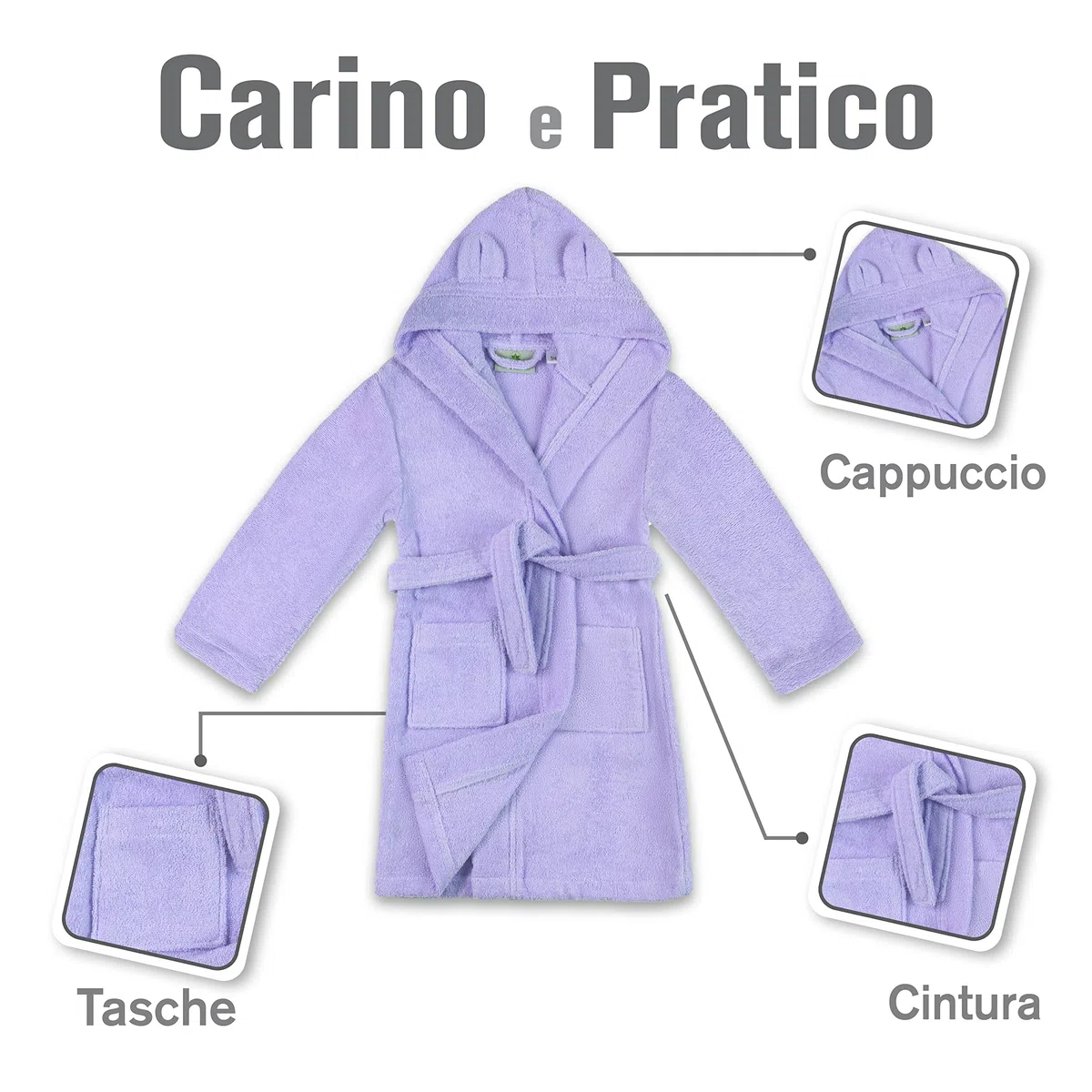 Twinzen - Accappatoio Bambini Cotone : Ragazzo e Ragazza - 100% Cotone OEKO-TEX® Senza Prodotti Chimici - 2 Tasche, Cintura, Cappuccio con Orecchie