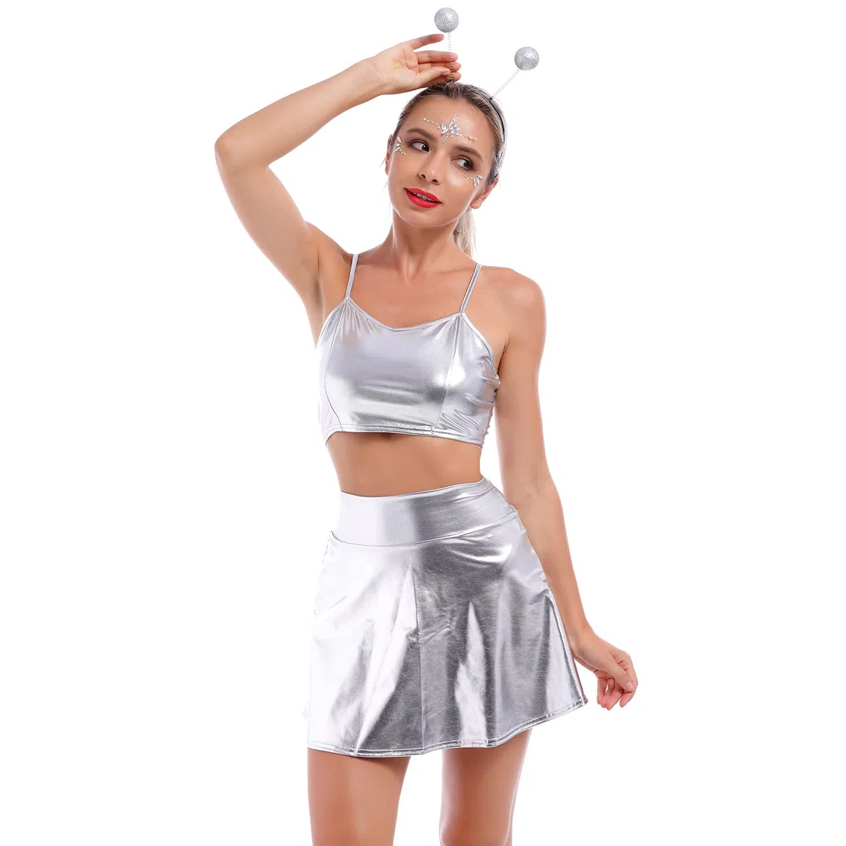 Alien Costume sexy da donna con glitter metallizzati, top crop + mini gonne + cerchietto alieno
