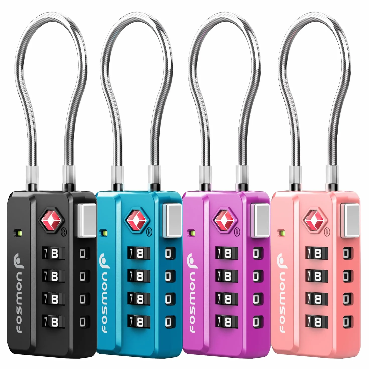 Fosmon Lucchetto Valigia TSA Cavo 4 Confezioni,Lucchetto Combinazione Viaggio 4 Cifre, Lucchetti per Bagagli, Lucchetto per Armadietto Palestra Valigie (Nero, Blu, Viola, Rosa)